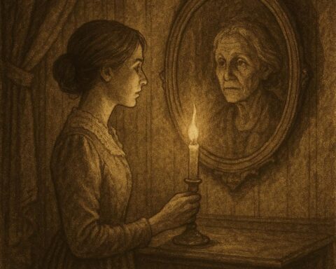 Parchment-style artwork of Prudence before an aging mirror, New England folktale scene.