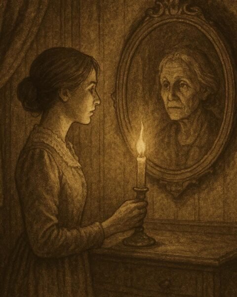 Parchment-style artwork of Prudence before an aging mirror, New England folktale scene.