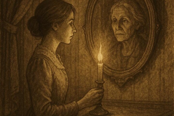 Parchment-style artwork of Prudence before an aging mirror, New England folktale scene.