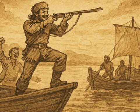 Parchment-style artwork of Mike Fink on a keelboat aiming his rifle, American folktale scene.