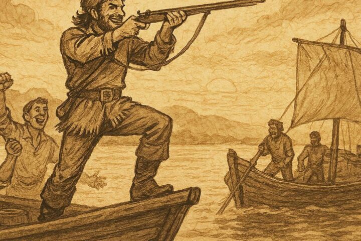 Parchment-style artwork of Mike Fink on a keelboat aiming his rifle, American folktale scene.
