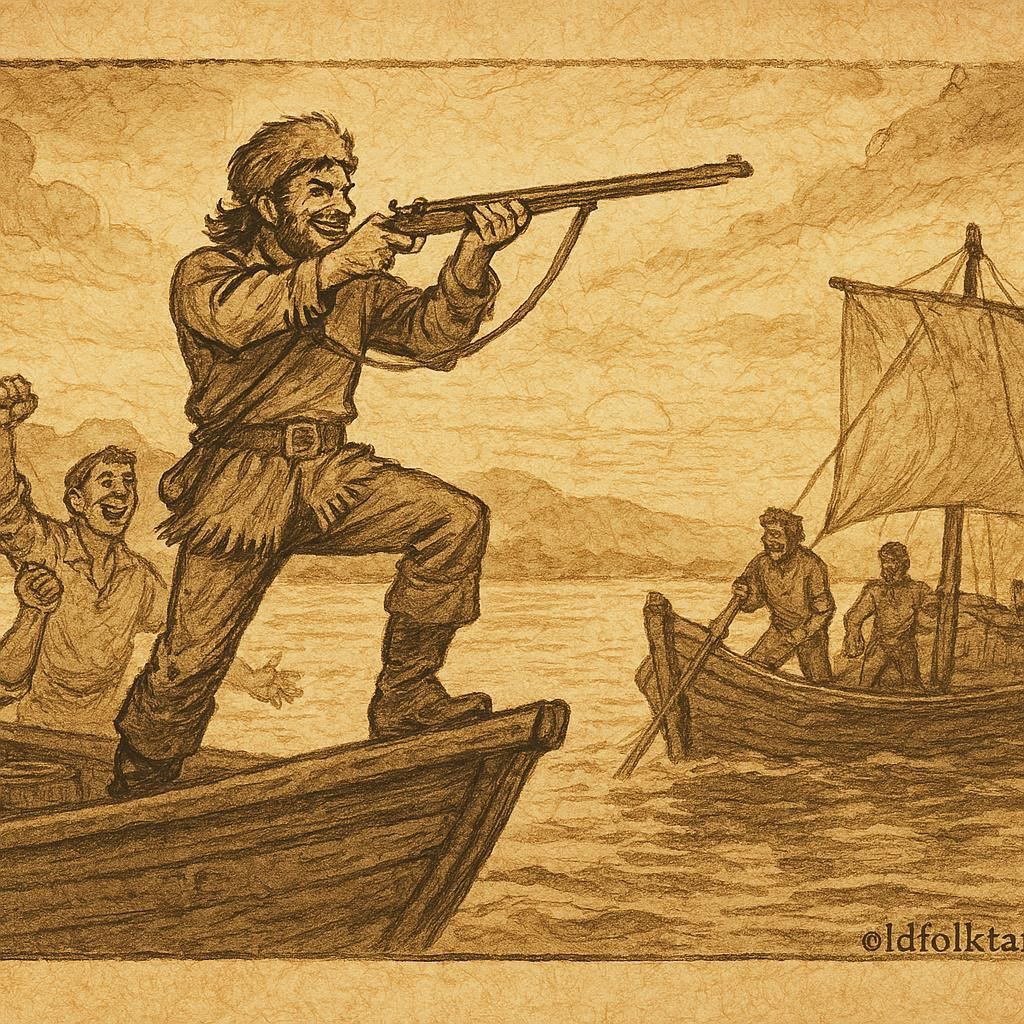 Parchment-style artwork of Mike Fink on a keelboat aiming his rifle, American folktale scene.