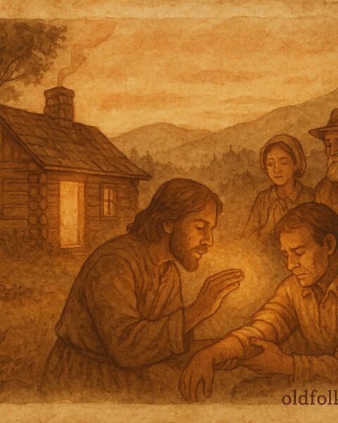 Parchment-style illustration of an Appalachian healer performing a fire charm in a mountain cabin.