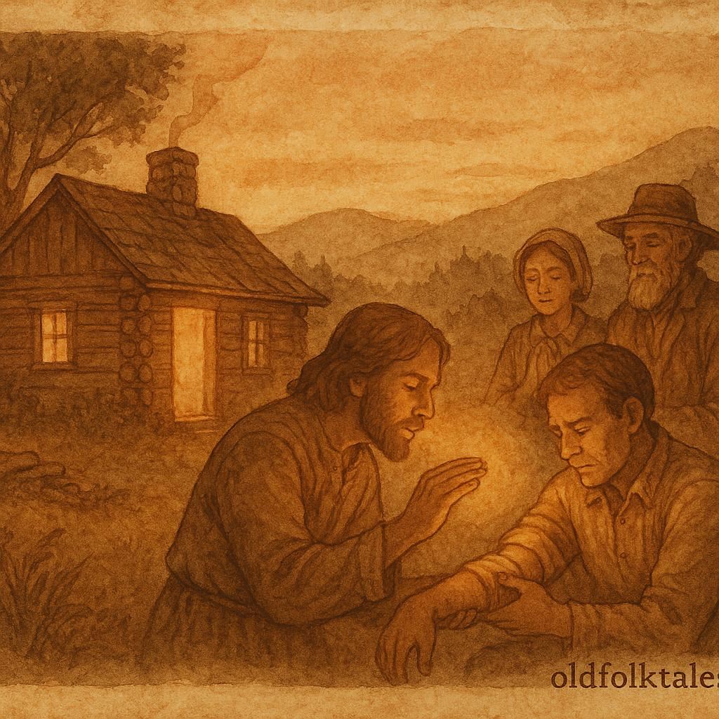 Parchment-style illustration of an Appalachian healer performing a fire charm in a mountain cabin.