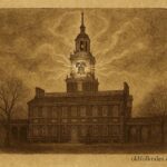 Parchment-style artwork of the Liberty Bell glowing within Independence Hall, American folktale scene from Philadelphia.