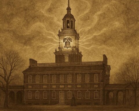 Parchment-style artwork of the Liberty Bell glowing within Independence Hall, American folktale scene from Philadelphia.