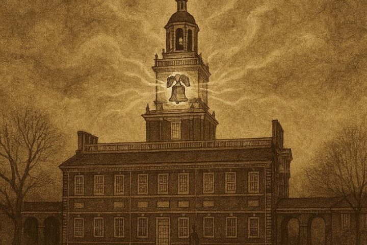 Parchment-style artwork of the Liberty Bell glowing within Independence Hall, American folktale scene from Philadelphia.