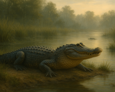 A realistic painting of an American alligator resting on a muddy riverbank at dawn, surrounded by misty wetlands and tall grasses under soft golden light.
