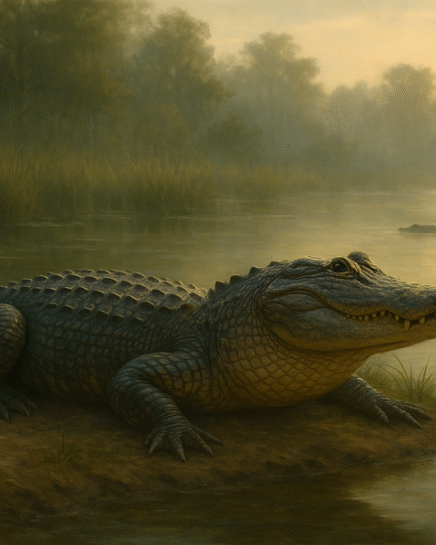 A realistic painting of an American alligator resting on a muddy riverbank at dawn, surrounded by misty wetlands and tall grasses under soft golden light.