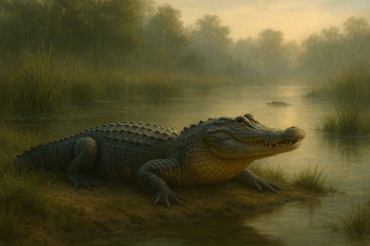 A realistic painting of an American alligator resting on a muddy riverbank at dawn, surrounded by misty wetlands and tall grasses under soft golden light.