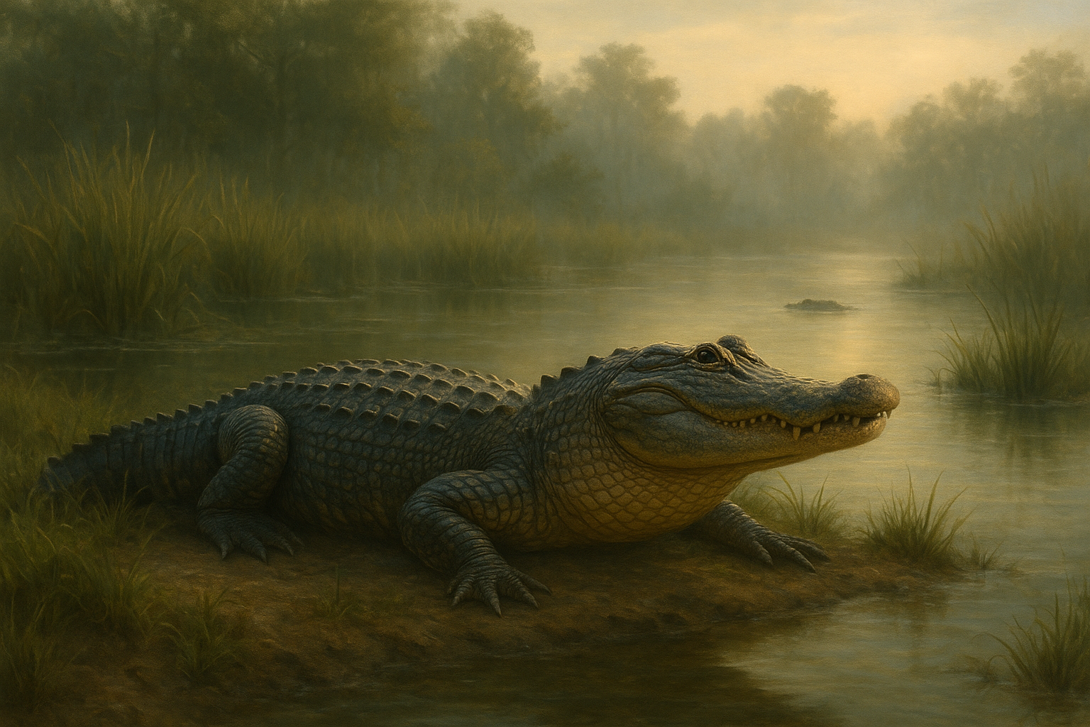 A realistic painting of an American alligator resting on a muddy riverbank at dawn, surrounded by misty wetlands and tall grasses under soft golden light.