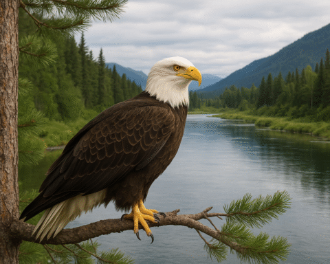 A bald eagle with a white head and tail perches on a pine branch overlooking a calm river surrounded by dense green forest and distant blue mountains under a cloudy sky.