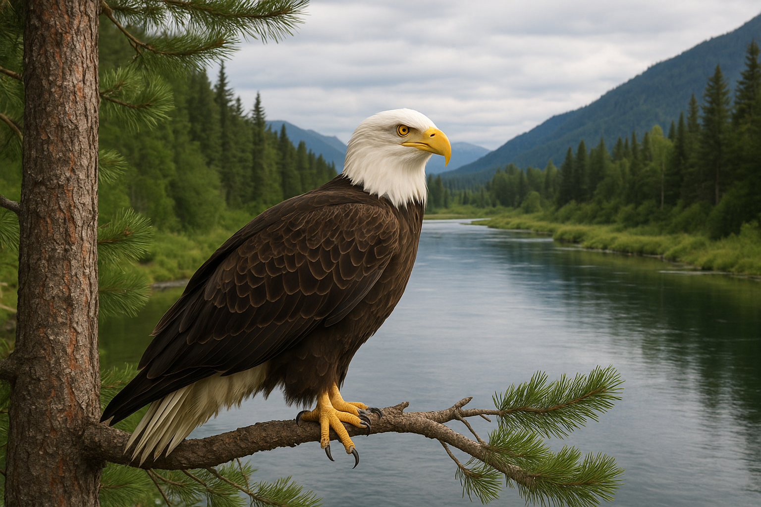 A bald eagle with a white head and tail perches on a pine branch overlooking a calm river surrounded by dense green forest and distant blue mountains under a cloudy sky.