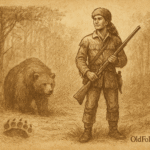 Parchment-style artwork of Davy Crockett facing the Thunder-Whopper Bear in a misty Tennessee forest, American folktale scene.