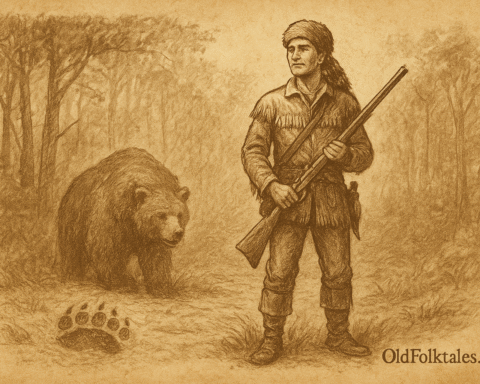Parchment-style artwork of Davy Crockett facing the Thunder-Whopper Bear in a misty Tennessee forest, American folktale scene.
