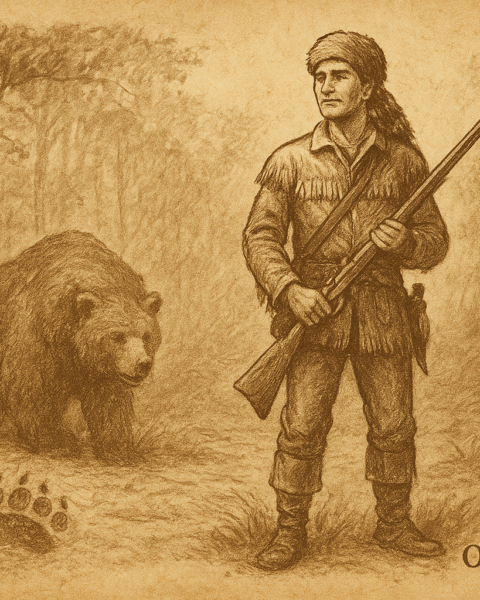 Parchment-style artwork of Davy Crockett facing the Thunder-Whopper Bear in a misty Tennessee forest, American folktale scene.