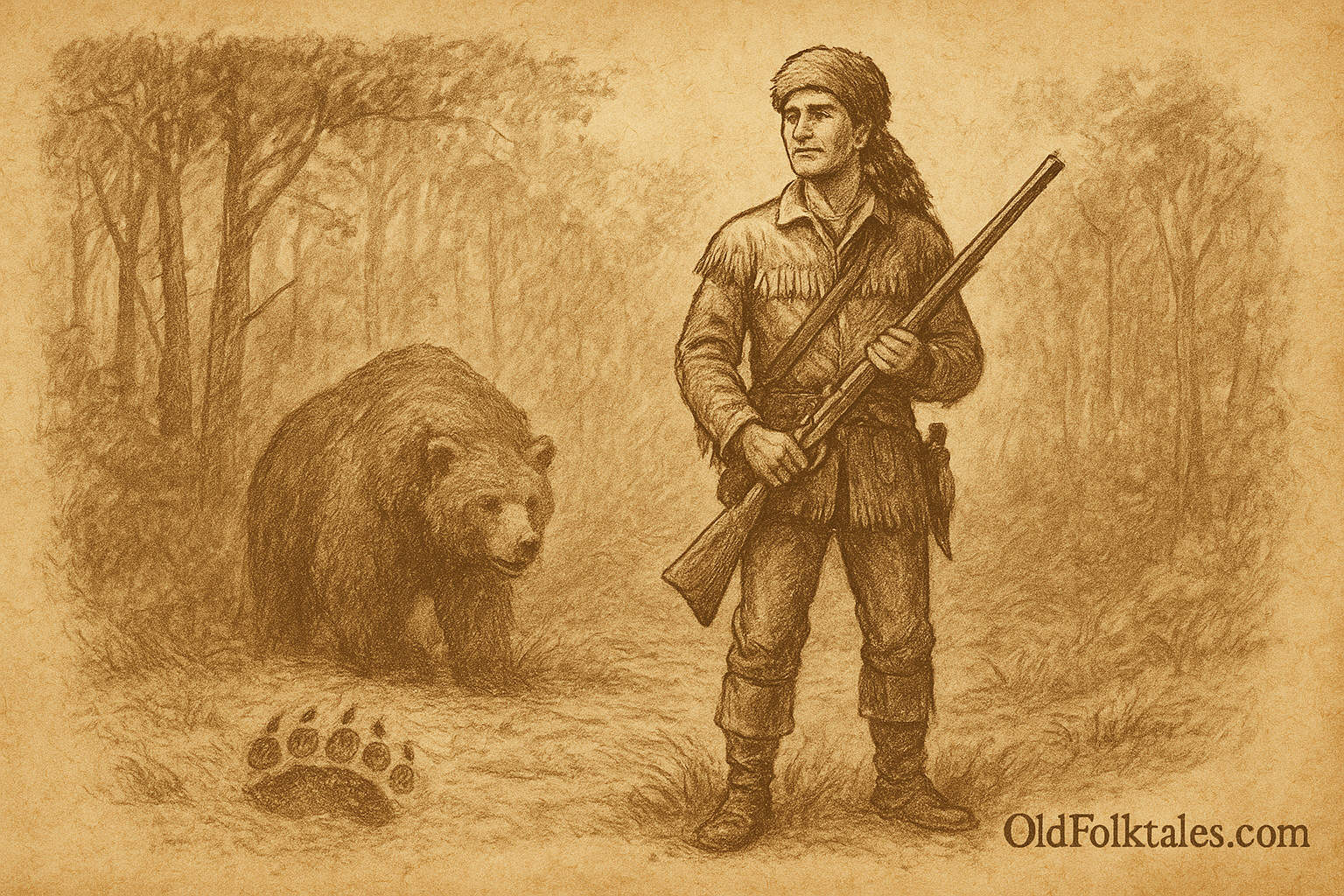 Parchment-style artwork of Davy Crockett facing the Thunder-Whopper Bear in a misty Tennessee forest, American folktale scene.