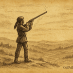 Parchment-style artwork of Davy Crockett firing into the sunrise on a frosty Tennessee hill, American folktale scene.