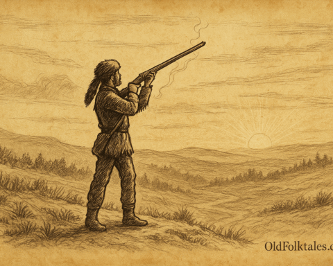 Parchment-style artwork of Davy Crockett firing into the sunrise on a frosty Tennessee hill, American folktale scene.