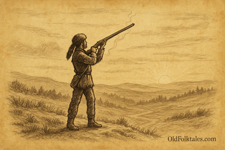 Parchment-style artwork of Davy Crockett firing into the sunrise on a frosty Tennessee hill, American folktale scene.