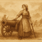 Parchment-style artwork of Molly Pitcher aiding soldiers on a Revolutionary-era field, American folktale scene.