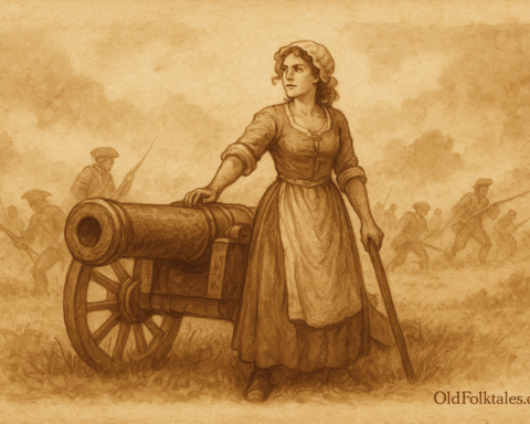 Parchment-style artwork of Molly Pitcher aiding soldiers on a Revolutionary-era field, American folktale scene.
