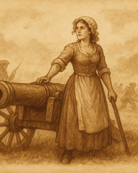 Parchment-style artwork of Molly Pitcher aiding soldiers on a Revolutionary-era field, American folktale scene.