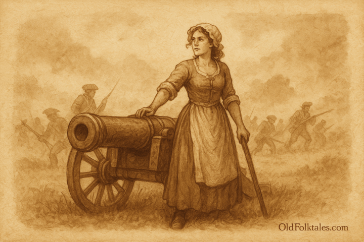 Parchment-style artwork of Molly Pitcher aiding soldiers on a Revolutionary-era field, American folktale scene.