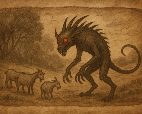 Parchment-style illustration of the Chupacabra with glowing red eyes stalking goats in rural Puerto Rico under a moonlit sky.