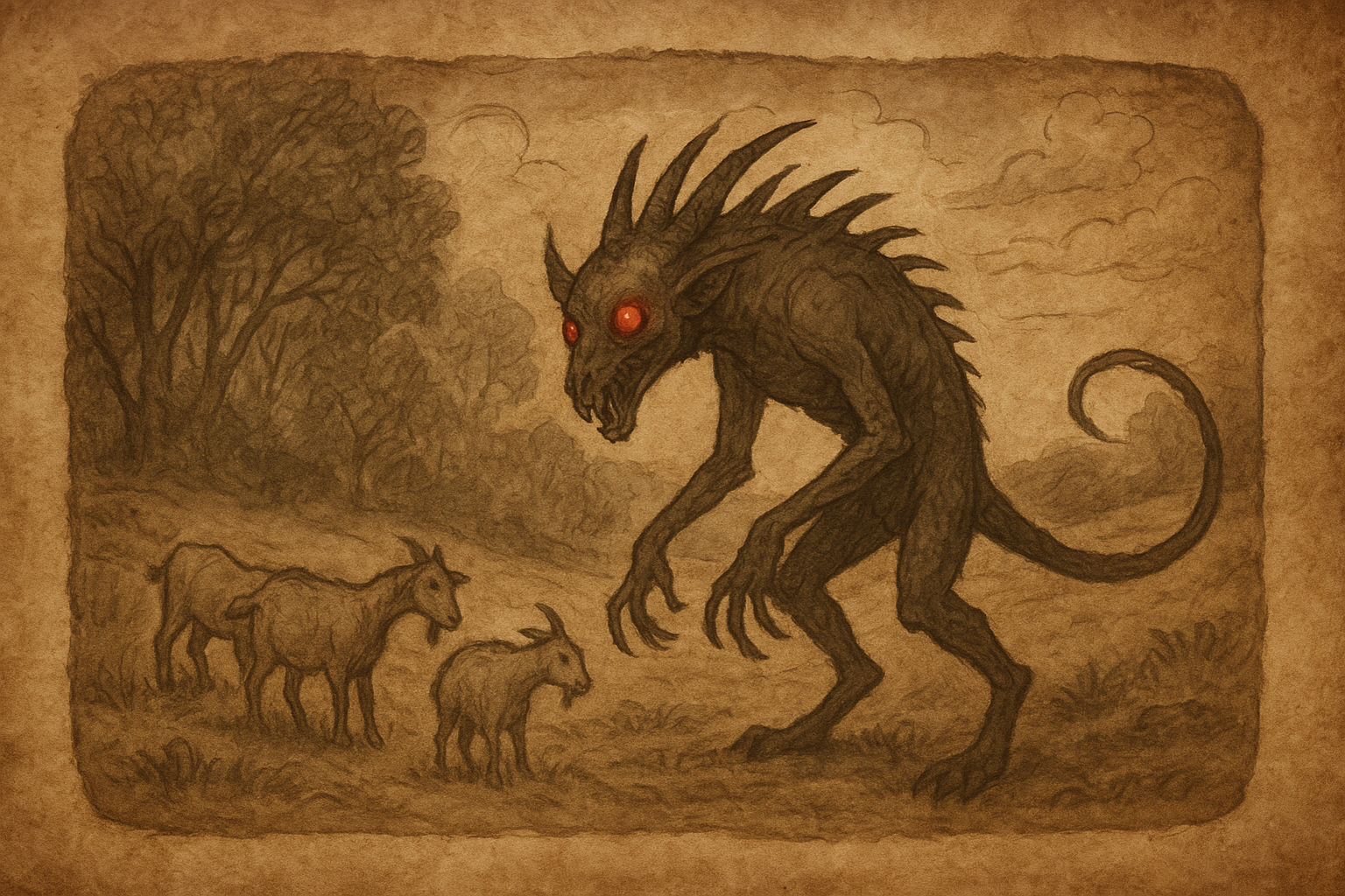 Parchment-style illustration of the Chupacabra with glowing red eyes stalking goats in rural Puerto Rico under a moonlit sky.