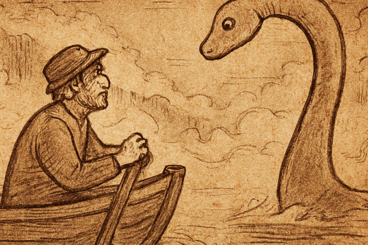 Parchment-style illustration of Jonas Pike in a misty boat facing a serpent-like lake creature in Maine, USA.