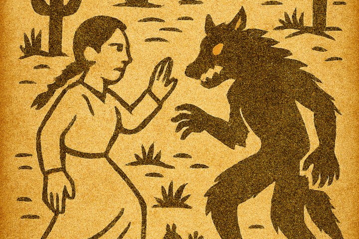 Parchment-style illustration of Zuni sisters facing Átahsaia the Cannibal Demon in a red canyon, saved by War God.