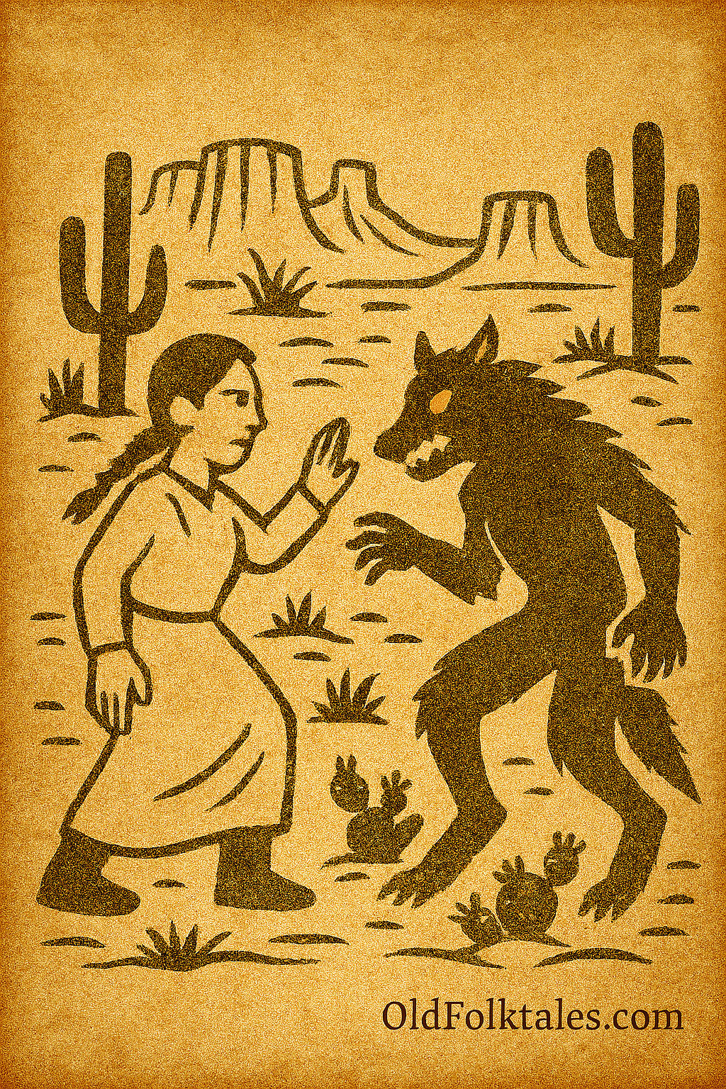 Parchment-style illustration of Zuni sisters facing Átahsaia the Cannibal Demon in a red canyon, saved by War God.