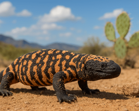 A Gila monster with black and orange beaded scales crawls slowly across a sandy desert floor under a bright blue sky, with a prickly pear cactus and distant mountains in the background.