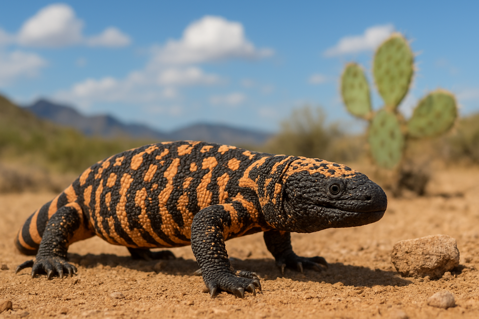 A Gila monster with black and orange beaded scales crawls slowly across a sandy desert floor under a bright blue sky, with a prickly pear cactus and distant mountains in the background.