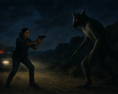 A realistic painting of a tense nighttime desert scene where a Navajo police officer, Maria Yazzie, stands aiming her gun at a towering, wolf-like Skinwalker with glowing red eyes. The officer’s patrol car glows behind her, headlights and red-blue lights cutting through the dark, rocky landscape as dust swirls between them.