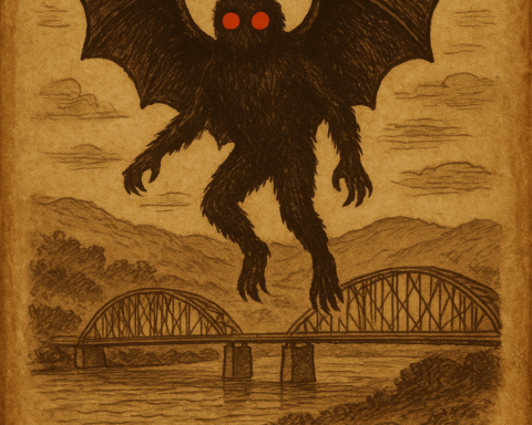 Parchment-style illustration of the Mothman with red eyes flying over Point Pleasant, West Virginia, USA.