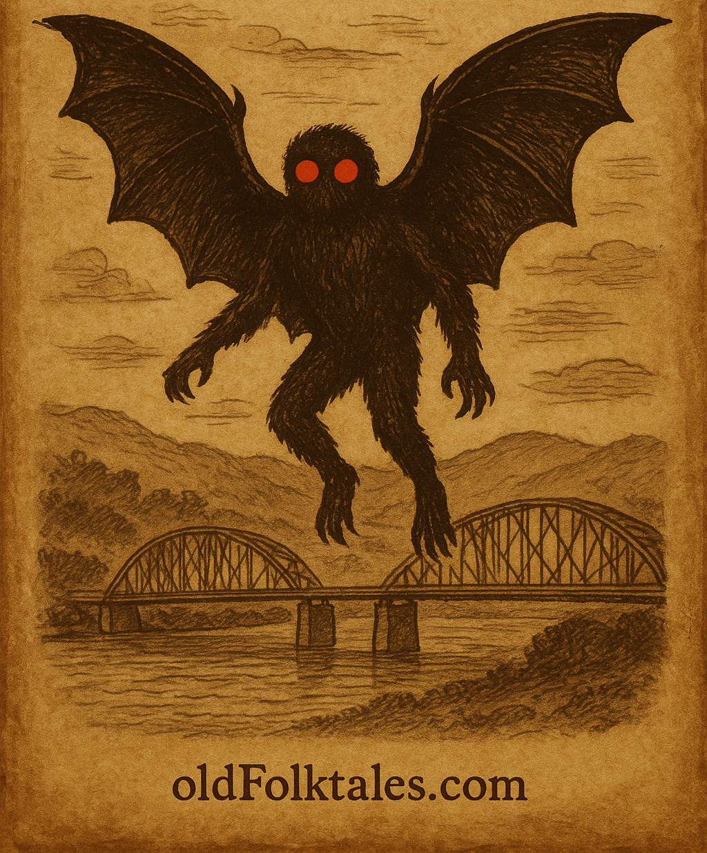 Parchment-style illustration of the Mothman with red eyes flying over Point Pleasant, West Virginia, USA.
