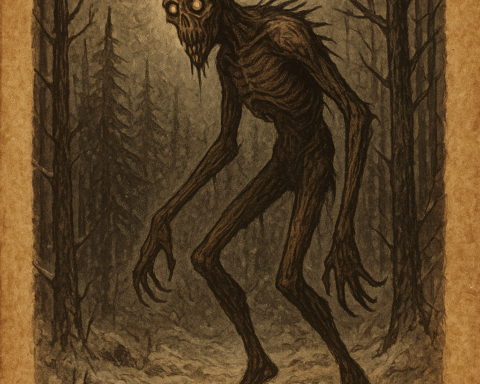Parchment-style illustration of the Wendigo, a tall emaciated creature with glowing eyes, stalking through snowy northern forests of Canada and Minnesota.