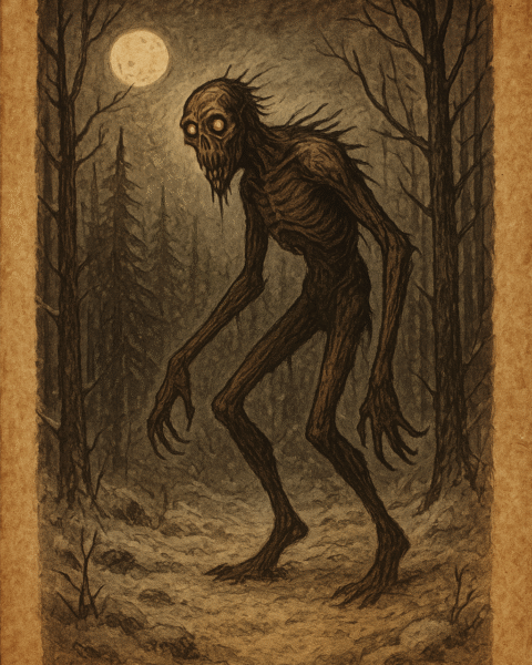 Parchment-style illustration of the Wendigo, a tall emaciated creature with glowing eyes, stalking through snowy northern forests of Canada and Minnesota.