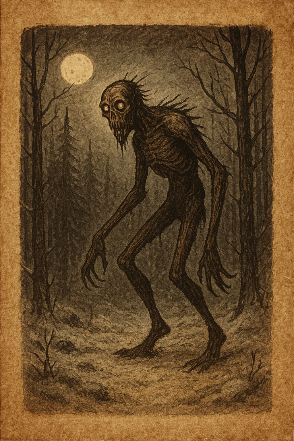 Parchment-style illustration of the Wendigo, a tall emaciated creature with glowing eyes, stalking through snowy northern forests of Canada and Minnesota.