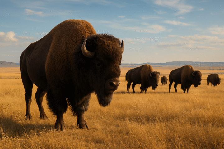 A herd of American bison with shaggy brown coats grazes across a golden prairie under a wide blue sky, with distant mountains and scattered wildflowers completing the vast Great Plains landscape.