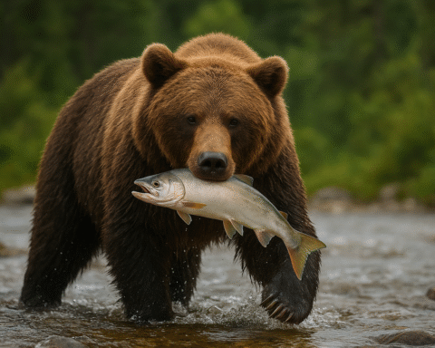 A large grizzly bear stands in a shallow river holding a silver salmon in its jaws, with water splashing around its legs and a lush green forest in the background.