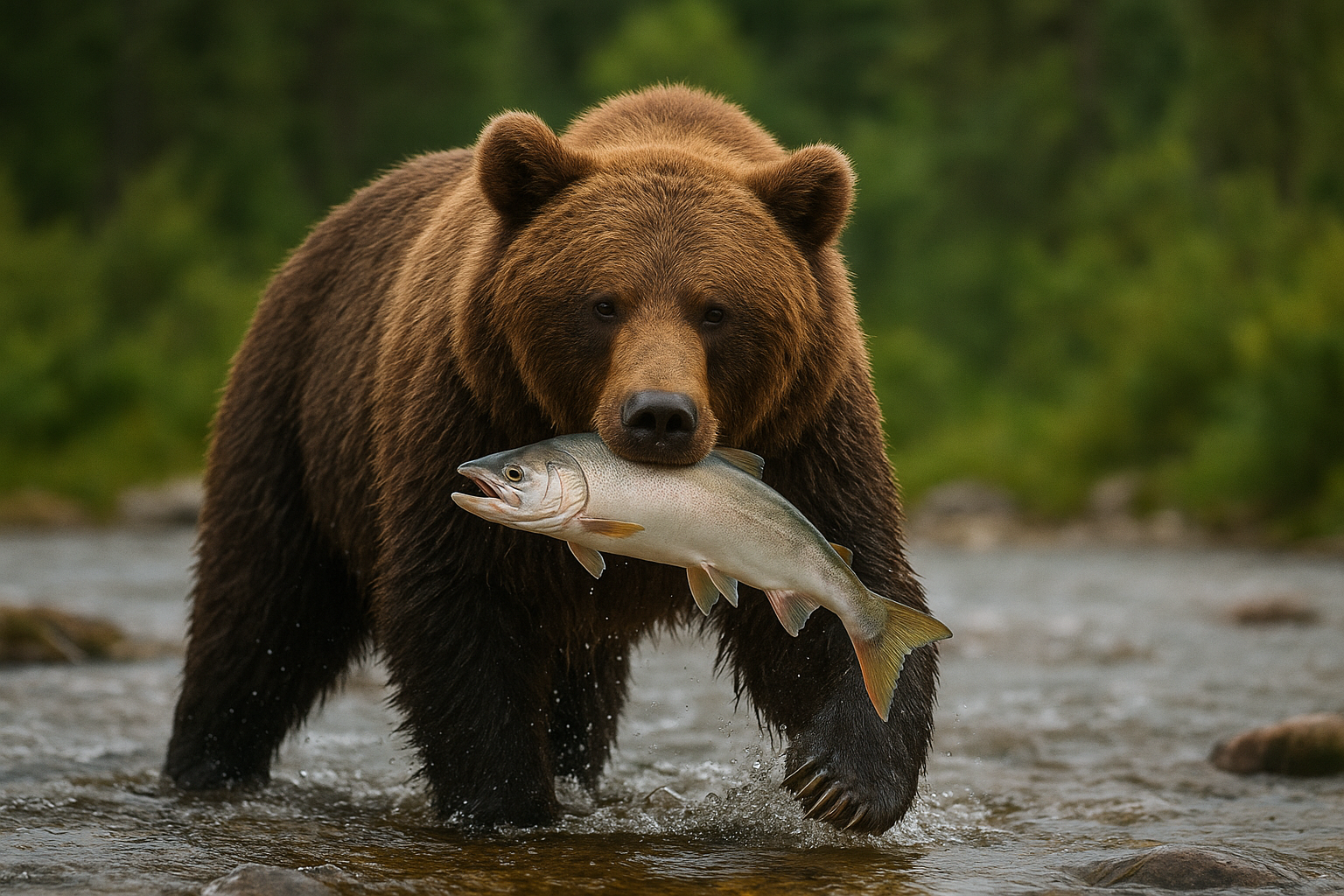 A large grizzly bear stands in a shallow river holding a silver salmon in its jaws, with water splashing around its legs and a lush green forest in the background.