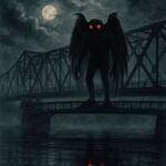 the Mothman with glowing red eyes perched on a bridge in Point Pleasant, West Virginia, under a moonlit sky, symbolizing mystery and warning.