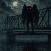 the Mothman with glowing red eyes perched on a bridge in Point Pleasant, West Virginia, under a moonlit sky, symbolizing mystery and warning.