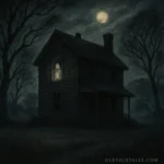 a haunted Tennessee farmhouse under moonlight with a ghostly female spirit near the window and the Bell Witch Cave in the distance.
