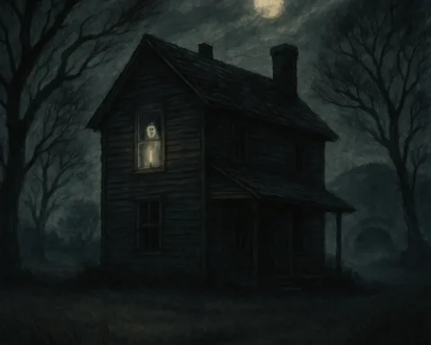 a haunted Tennessee farmhouse under moonlight with a ghostly female spirit near the window and the Bell Witch Cave in the distance.
