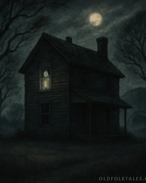 a haunted Tennessee farmhouse under moonlight with a ghostly female spirit near the window and the Bell Witch Cave in the distance.