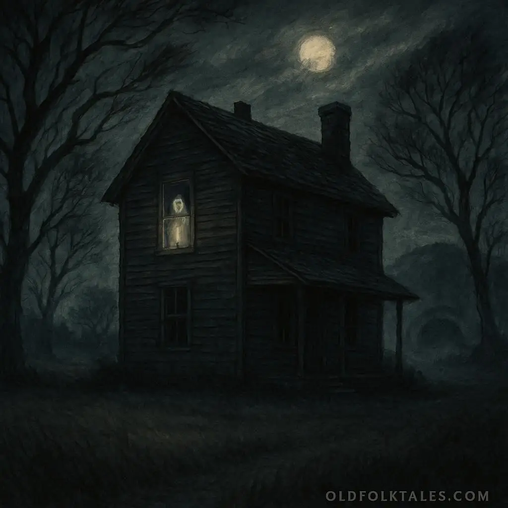 a haunted Tennessee farmhouse under moonlight with a ghostly female spirit near the window and the Bell Witch Cave in the distance.
